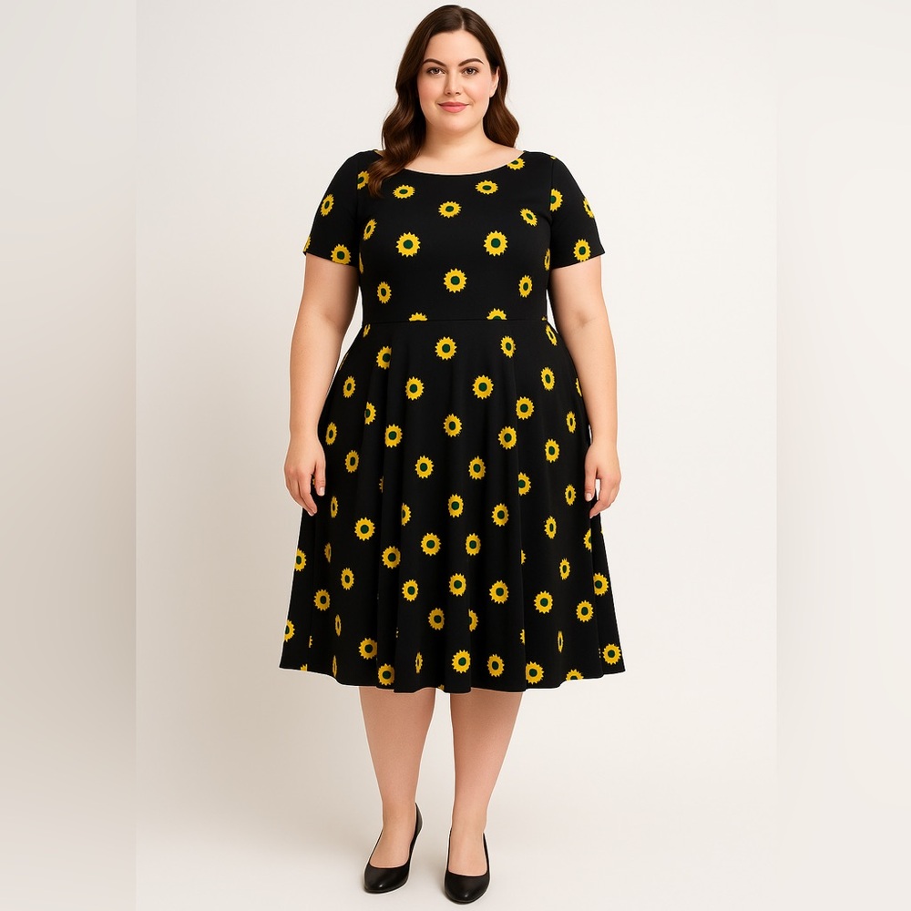 Unique Vintage X GB Gwynnie Bee Sunflower Black Dress, L - Picture 1 of 16